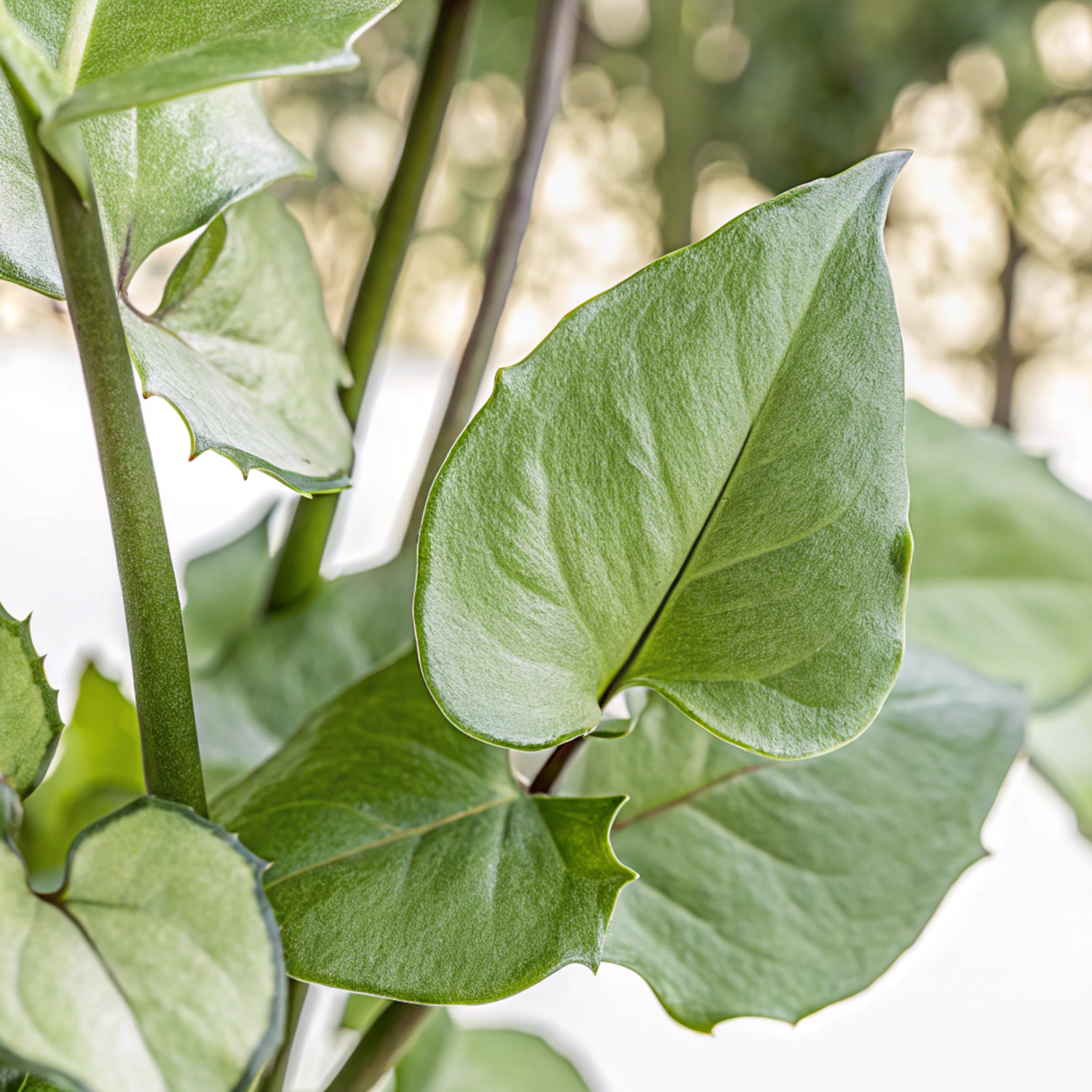 Singônio Holly com folhas esbranquiçadas e bordas verde-escuras em ambiente externo.