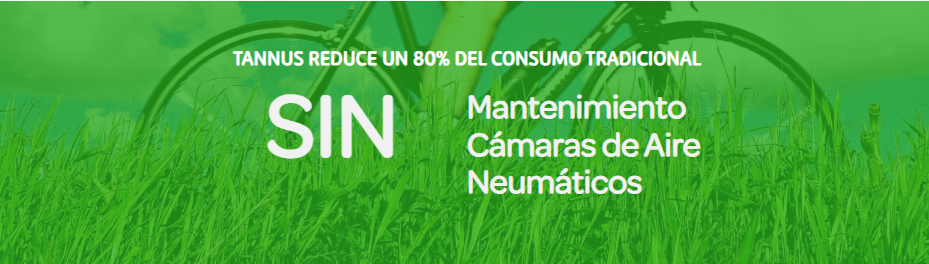 Image avec texte expliquant pourquoi Tannus est écologique : Tannus réduit la consommation traditionnelle de 80% : pas d'entretien, pas de chambres à air, pas de pneus.