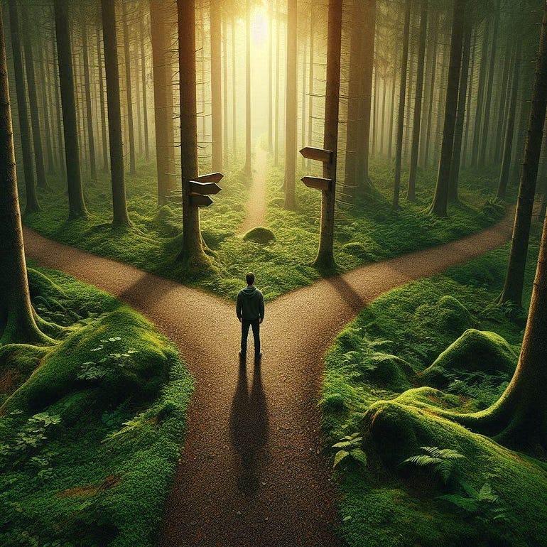 A human standing on the crossroad in the forest where there are 2 paths