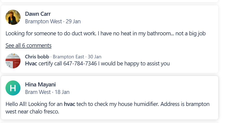 Nextdoor screenshot of people searching for HVAC Contractors