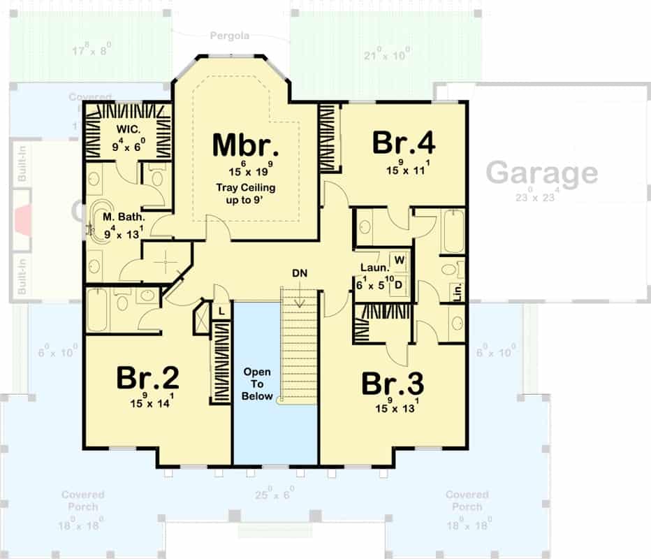 Second level floor plan with four bedrooms, two baths, and a laundry room.