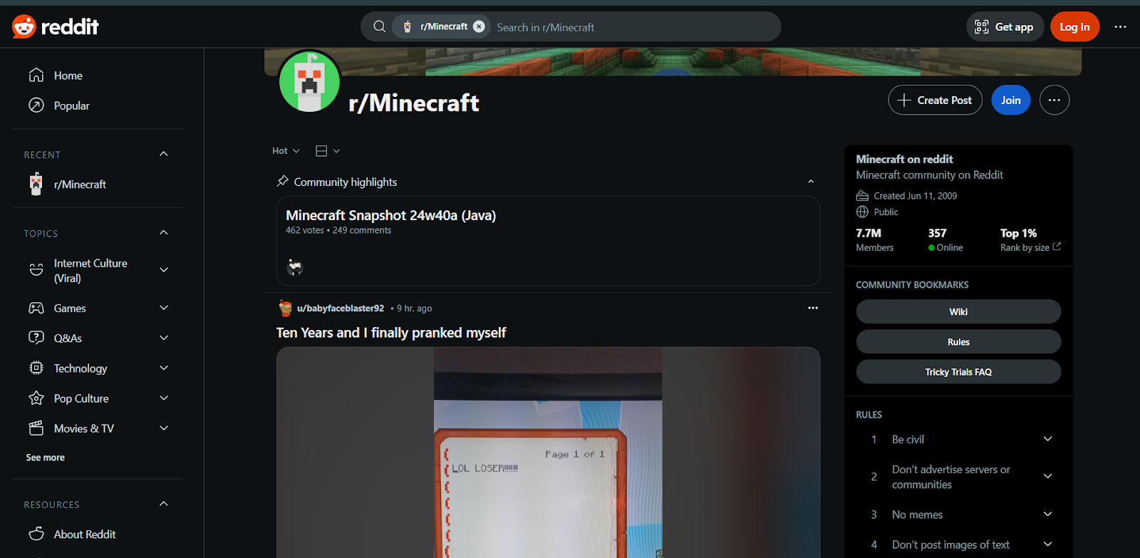 minecraft subreddit