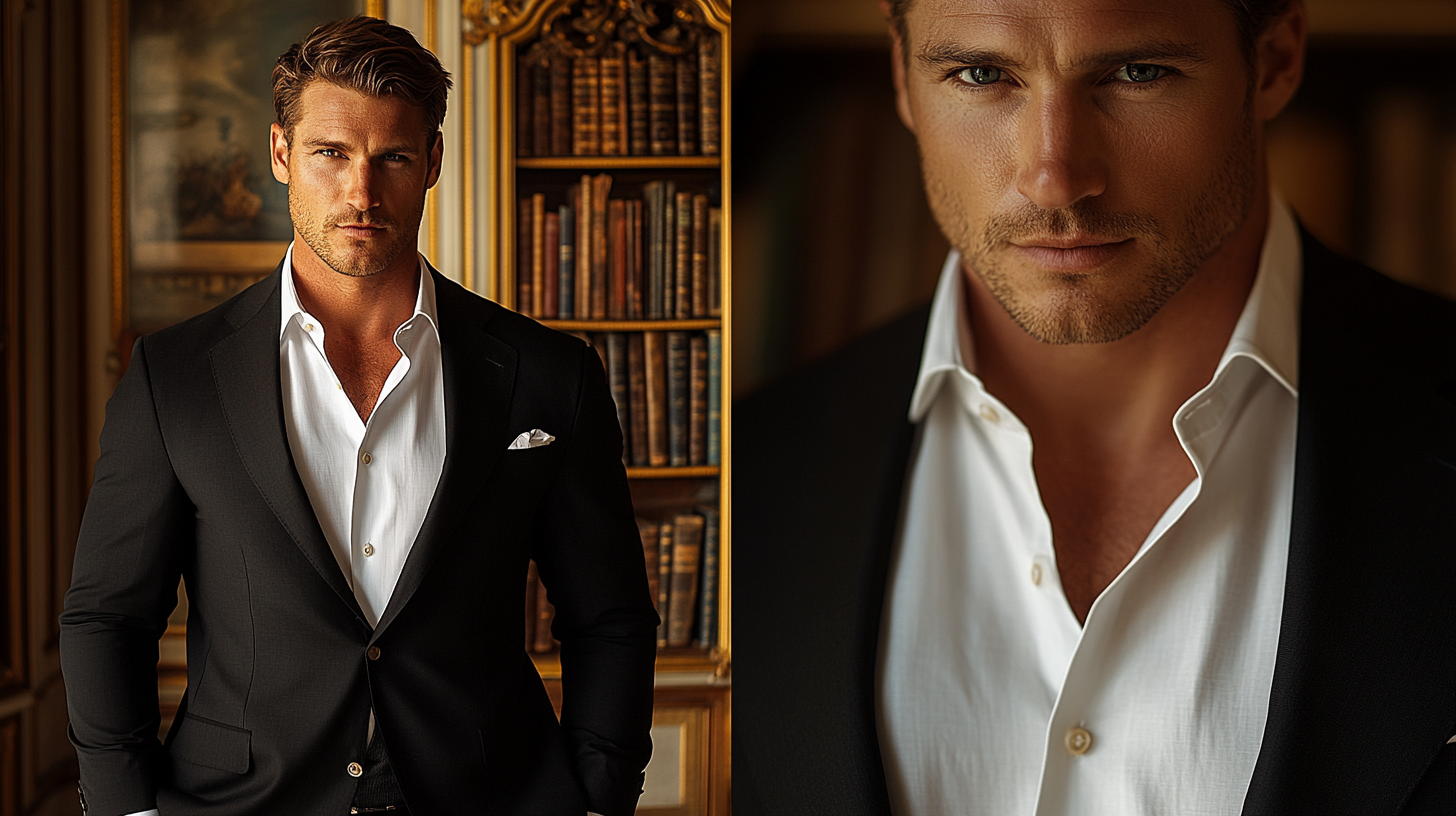 Left side image: A sophisticated man in a black suit with a crisp white shirt, standing in a grand Victorian library. The warm golden light reflects off polished mahogany, exuding timeless elegance. Right side image: an extreme close-up of the white shirt’s fine cotton fabric, showing its texture, buttons, and collar beneath the black suit jacket. Hyper-realistic, cinematic lighting, ultra-detailed, 8K resolution.