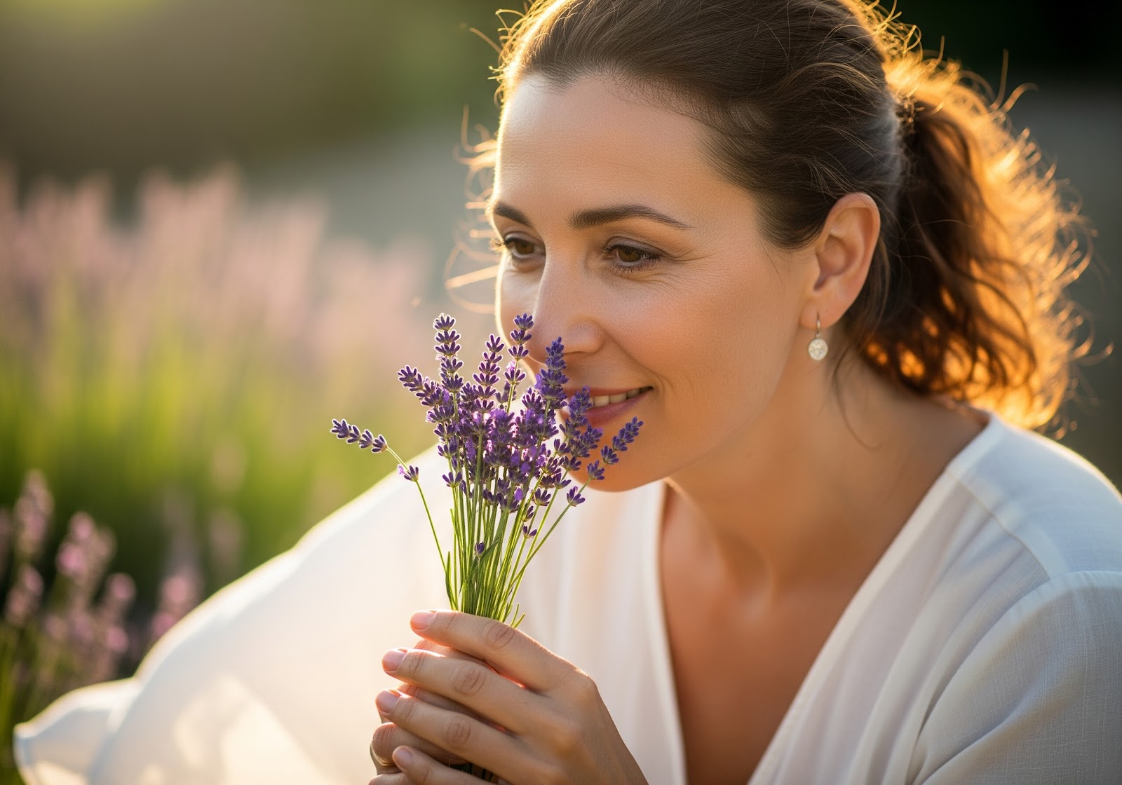 Uma pessoa sorrindo enquanto cheira delicadamente um pequeno buquê de lavanda recém-colhida.