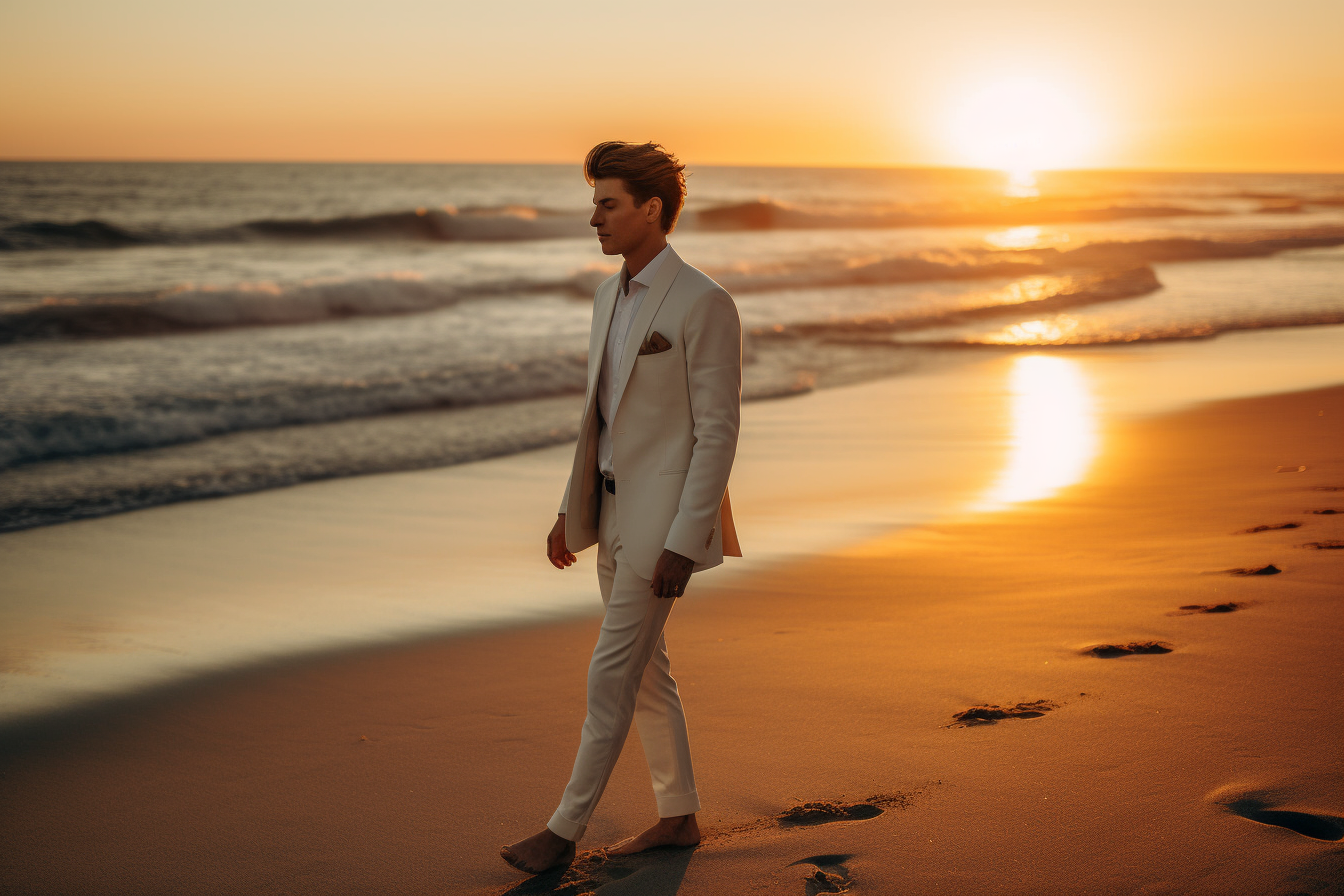 
A groom in a crisp, tailored white suit standing on a serene beach at sunset, soft waves in the background, golden sand underfoot, and a gentle ocean breeze. The suit is sharp yet relaxed, exuding elegance and style. The colors of the scene are warm and inviting, with the groom's white suit creating a striking contrast against the blue sea and soft orange hues of the sunset