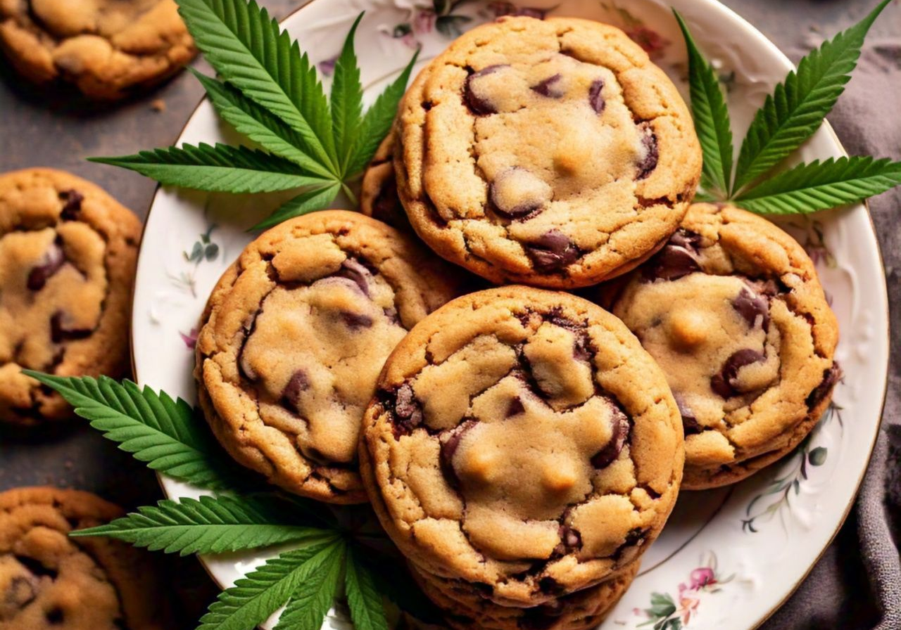 Chocolate chip cookies on a floral plate, garnished with green cannabis leaves.