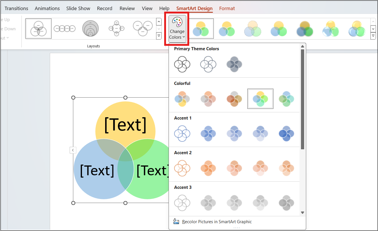 In PowerPoint, SmartArt Design > Change Colors options are highlighted.