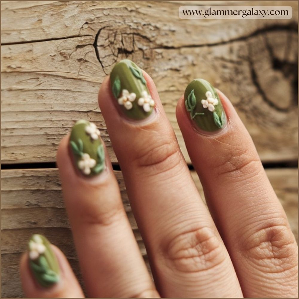 Close up of green fall nails Embracing Moss Green