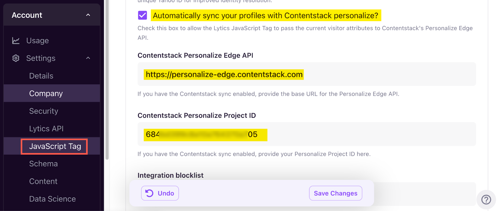 Lytics JavaScript Tag settings with Personalize sync option, Edge API URL, and Project ID fields.