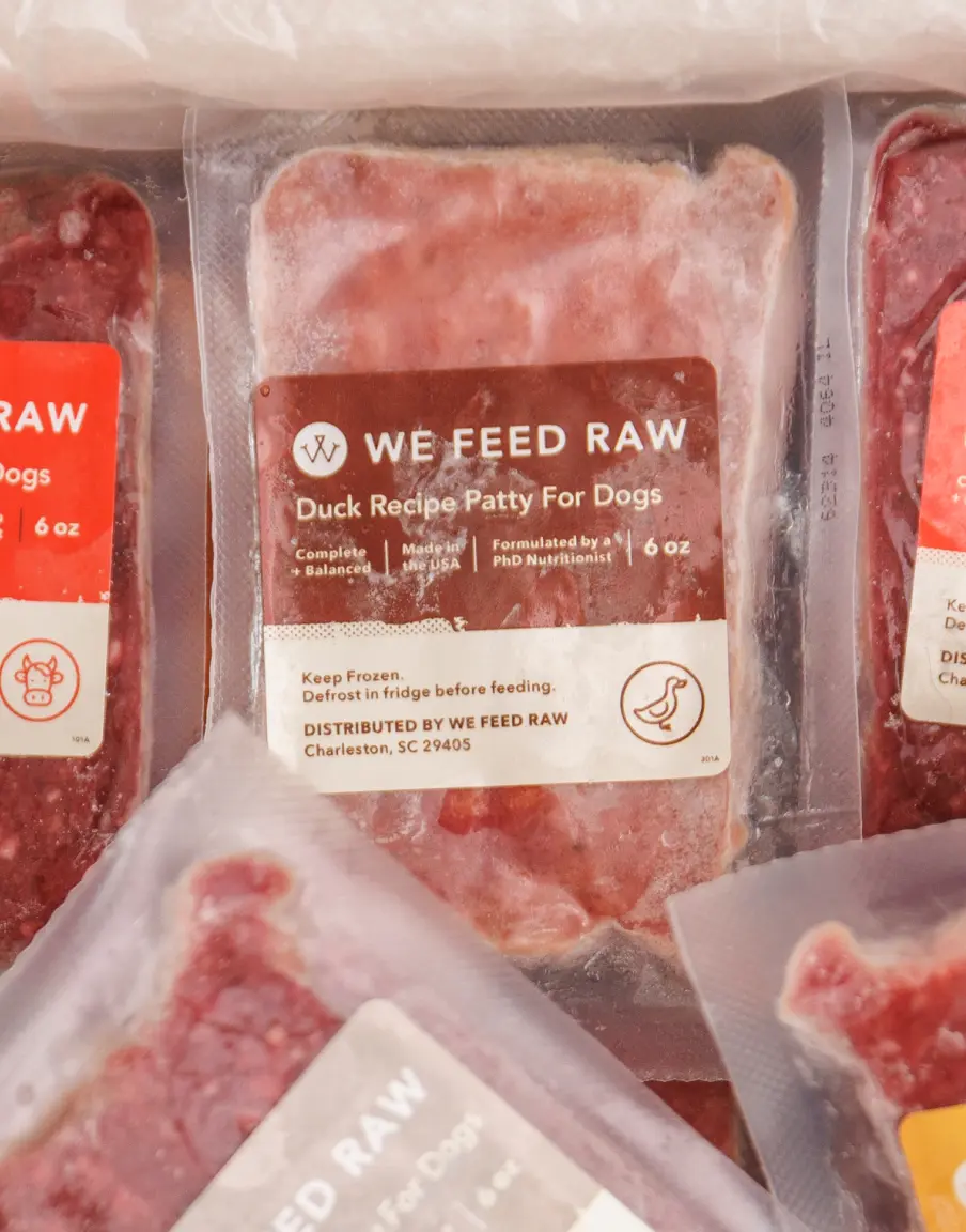 We Feed Raw duck recipe patty for dogs, frozen.