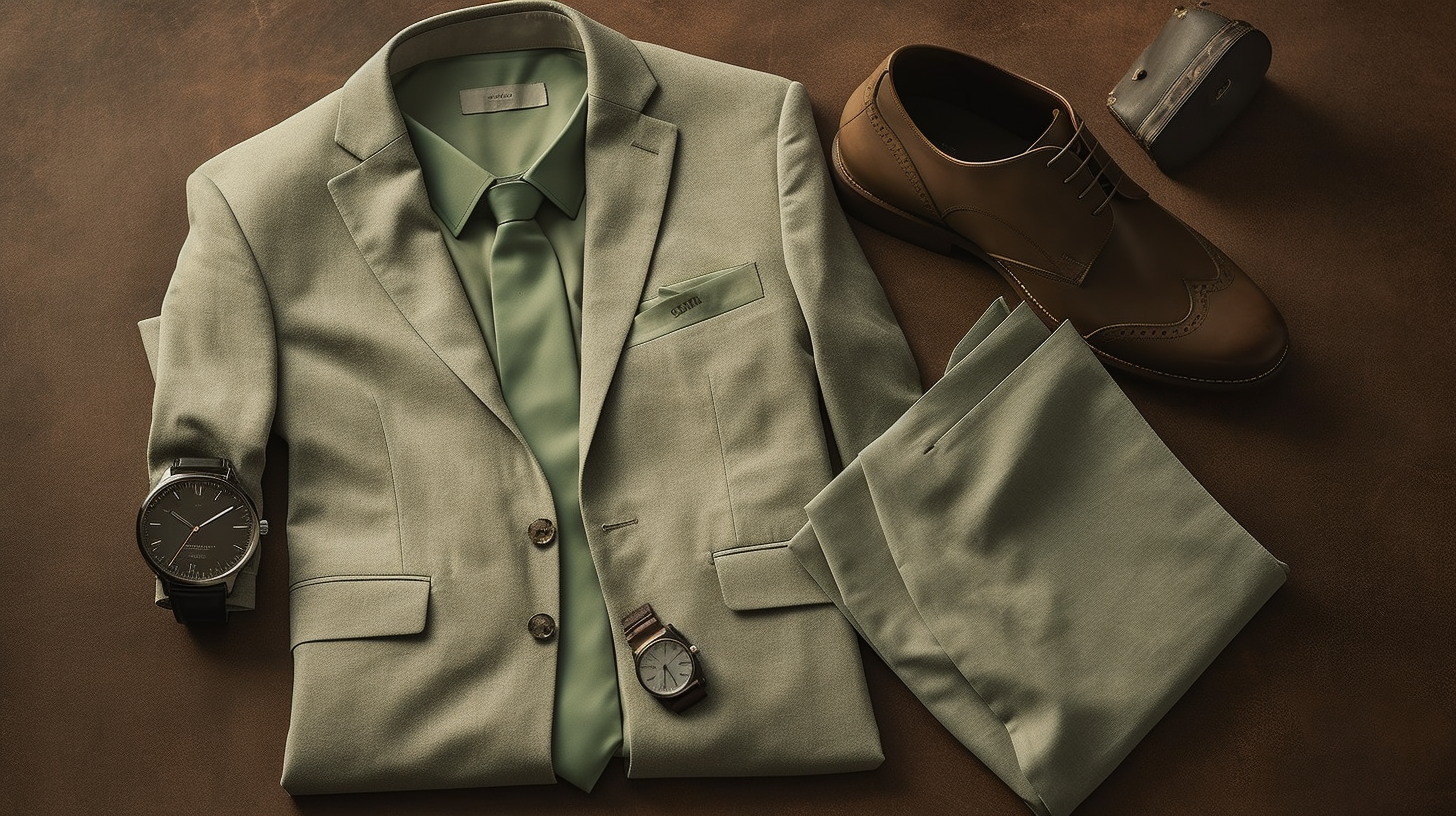 
Tailored green suit paired with a beige dress shirt and a cream tie, creating a balanced, elegant look. The suit is a muted sage green with a modern fit, complemented by gray leather shoes and a matching belt. Accessories include a subtle beige pocket square and a sleek silver wristwatch. The background is a softly lit, contemporary setting with neutral tones, emphasizing the harmony of the outfit.