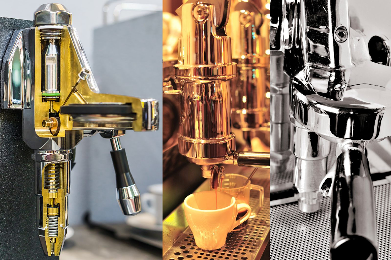 A picture of various types of espresso machine group heads, including E61 and saturated group heads