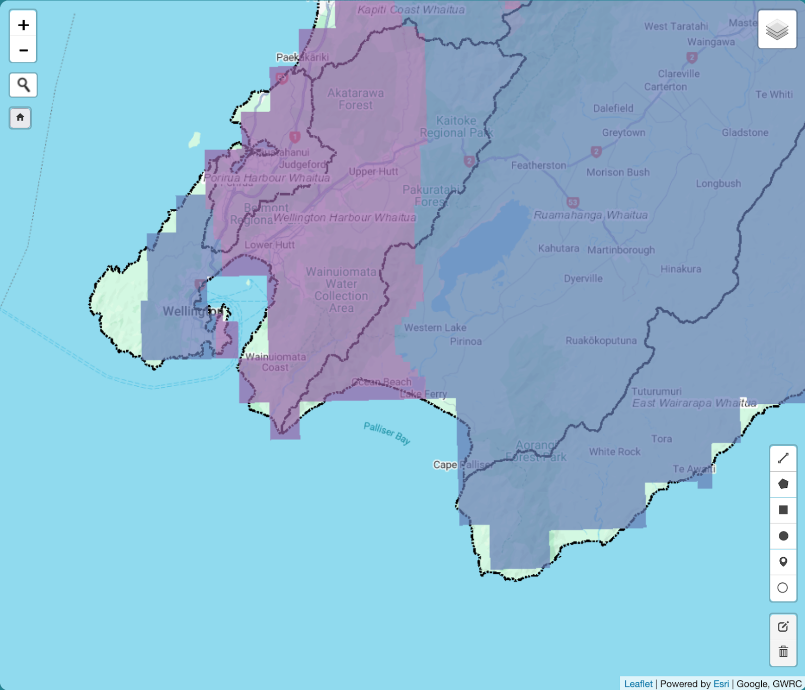 Map of Greater Wellington showing blue and purple regions where temperatures will increase