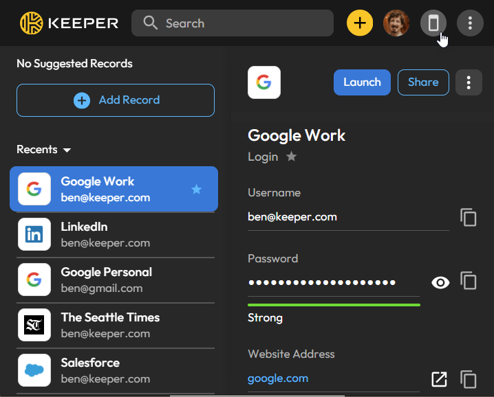 Screenshot showing the new landscape mode feature for the Keeper Browser Extension.