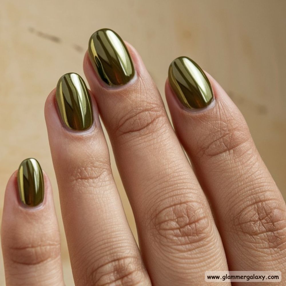 Olive green nails with Olive Green Chrome: A Shiny Twist