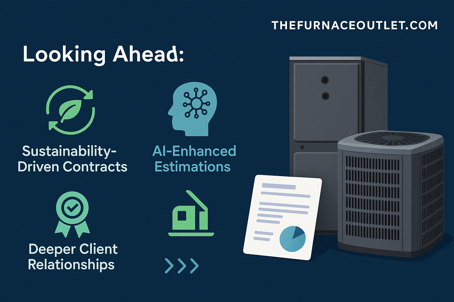 A branded image for The Furnace Outlet highlighting the future of HVAC bidding, with icons for sustainability-driven contracts, AI-enhanced estimations, and deeper client relationships. HVAC units, a proposal document, and forward arrows emphasize innovation and customer focus, all set against a dark blue background.
