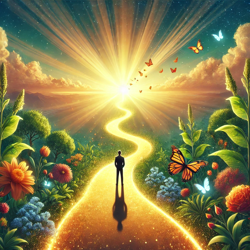 A person standing at the beginning of a glowing, inviting path that leads toward a radiant horizon, symbolizing the journey toward purpose. The path is surrounded by lush greenery, vibrant flowers, and fluttering butterflies, representing growth, beauty, and transformation. The background features a clear sky with warm, golden sunlight streaming down, suggesting hope, clarity, and fulfillment. The person's posture is confident, with their head held high, gazing toward the horizon as if ready to embrace their journey with purpose and optimism.