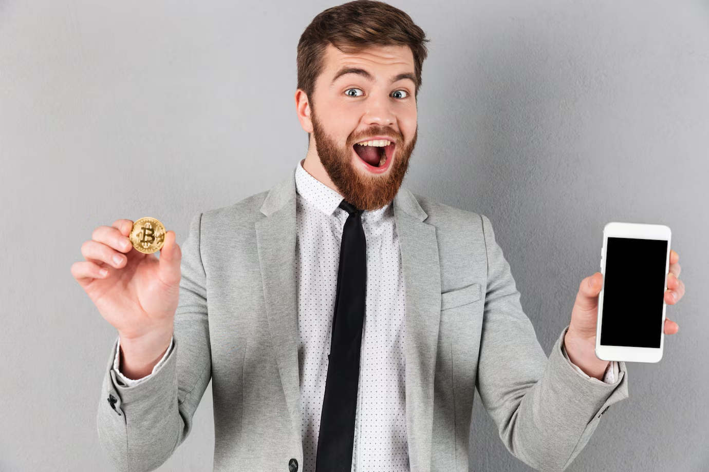 man exclaiming about how to earn crypto rewards just like him.