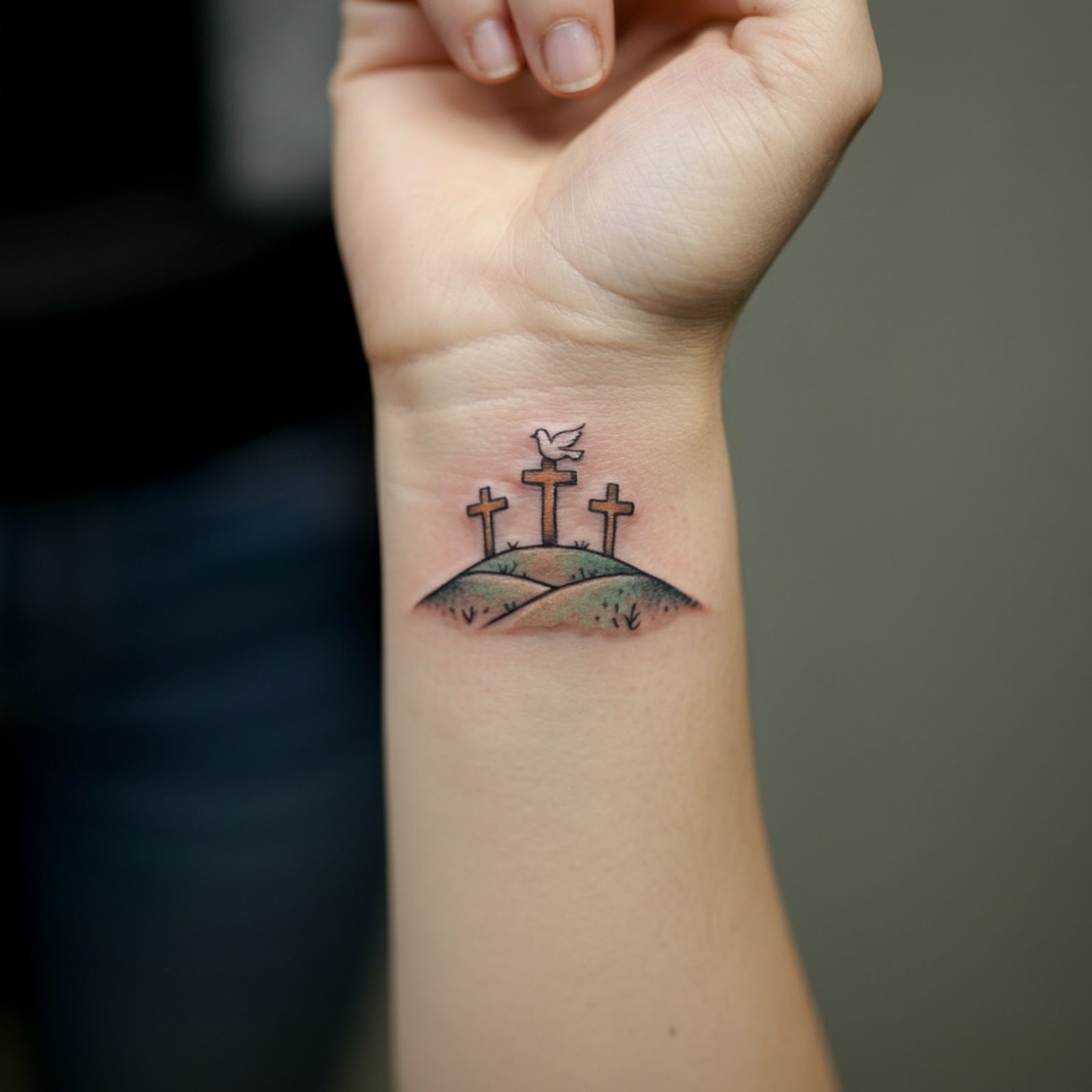 Three Crosses on a hill with a Dove Tattoo