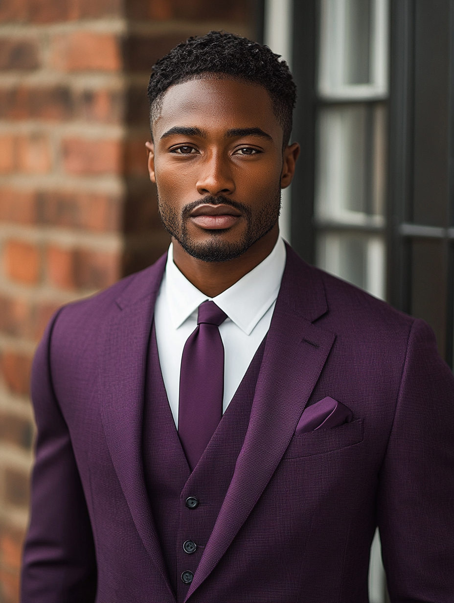 Young man wearing a well-fitted homecoming suit in classic colors like black, navy, or gray. The suit is sharp and stylish, tailored to perfection for a sophisticated look. A burgundy option stands out as a bold, fashionable choice. The suit is paired with a crisp white shirt and matching accessories, exuding confidence and elegance. The overall vibe is sleek, refined, and perfect for a homecoming event.