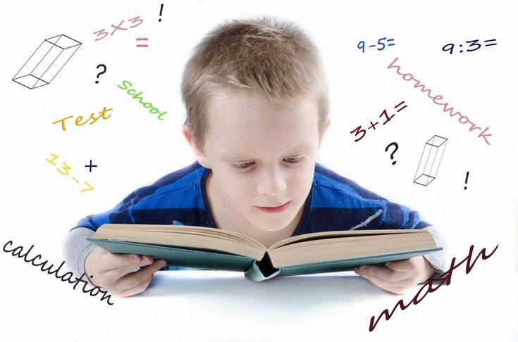 Young boy reading a book, surrounded by math-related symbols and equations, illustrating a focus on learning and improving math skills.