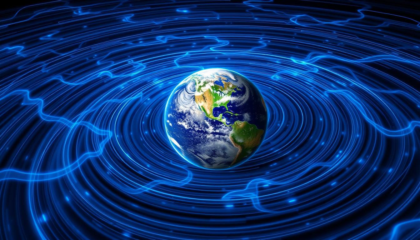 Illustration of Earth's magnetic field lines as flowing rivers of energy