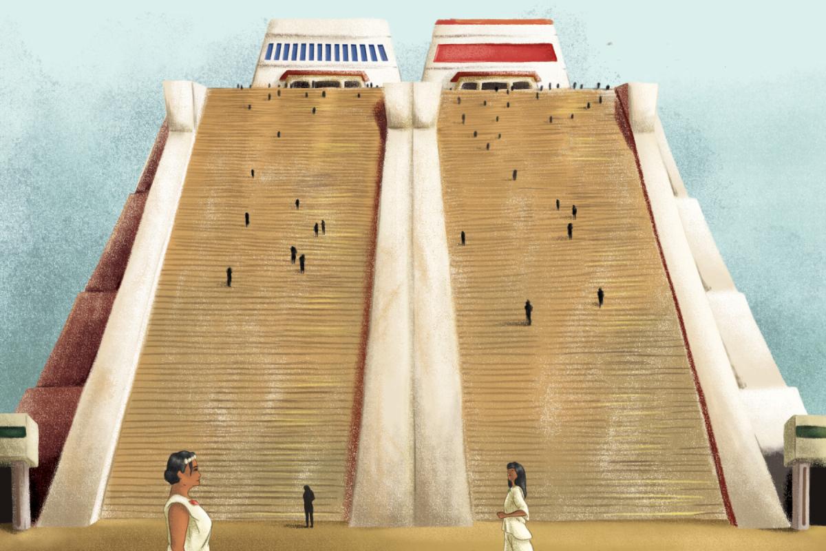 An illustration depicting the Templo Mayor pyramid at Tenochtitlan.