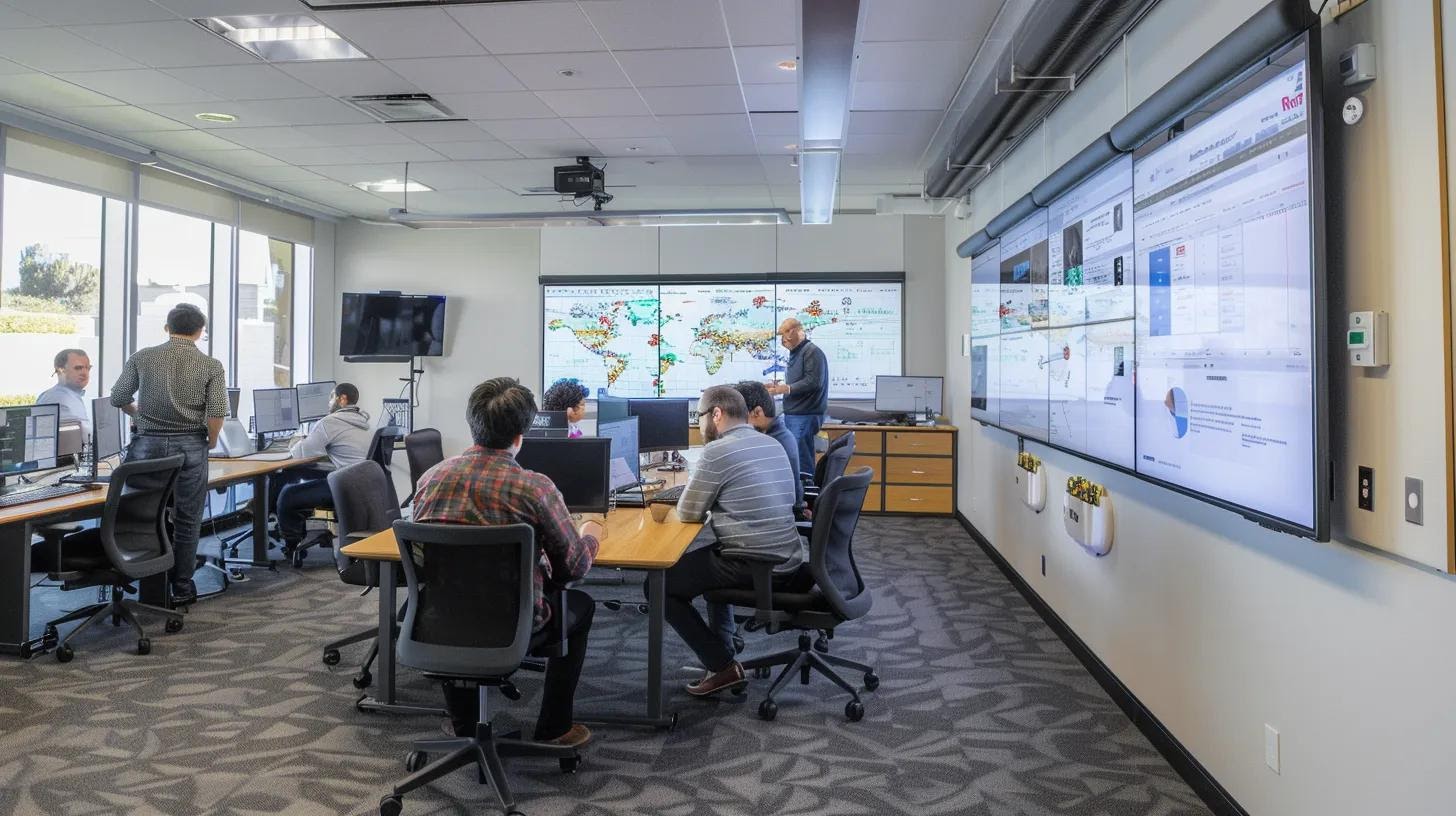 a dynamic office environment showcases a focused team collaborating over digital screens and whiteboards, meticulously mapping out a comprehensive content strategy that connects keyword research, topic clusters, and editorial calendars to drive web development success.