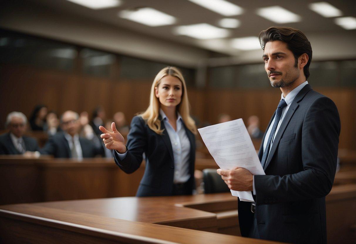 A lawyer confidently standing in front of a courtroom, gesturing towards a legal document, with a determined and professional demeanor