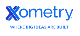 Logo Xometry z napisem „Where Big Ideas Are Built” w kolorze niebieskim na białym tle.