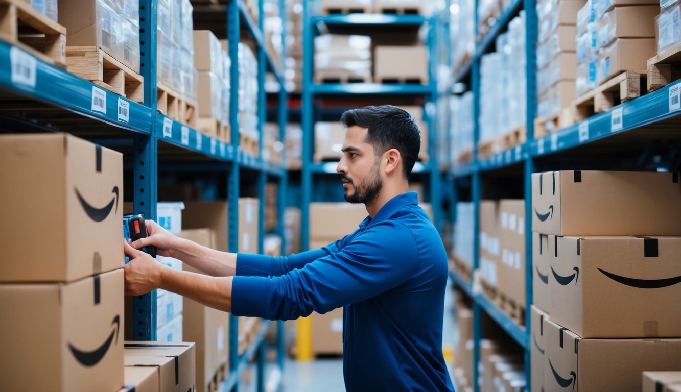 A warehouse worker carefully arranges products on shelves, organizing them by category to avoid Amazon's inbound placement fees