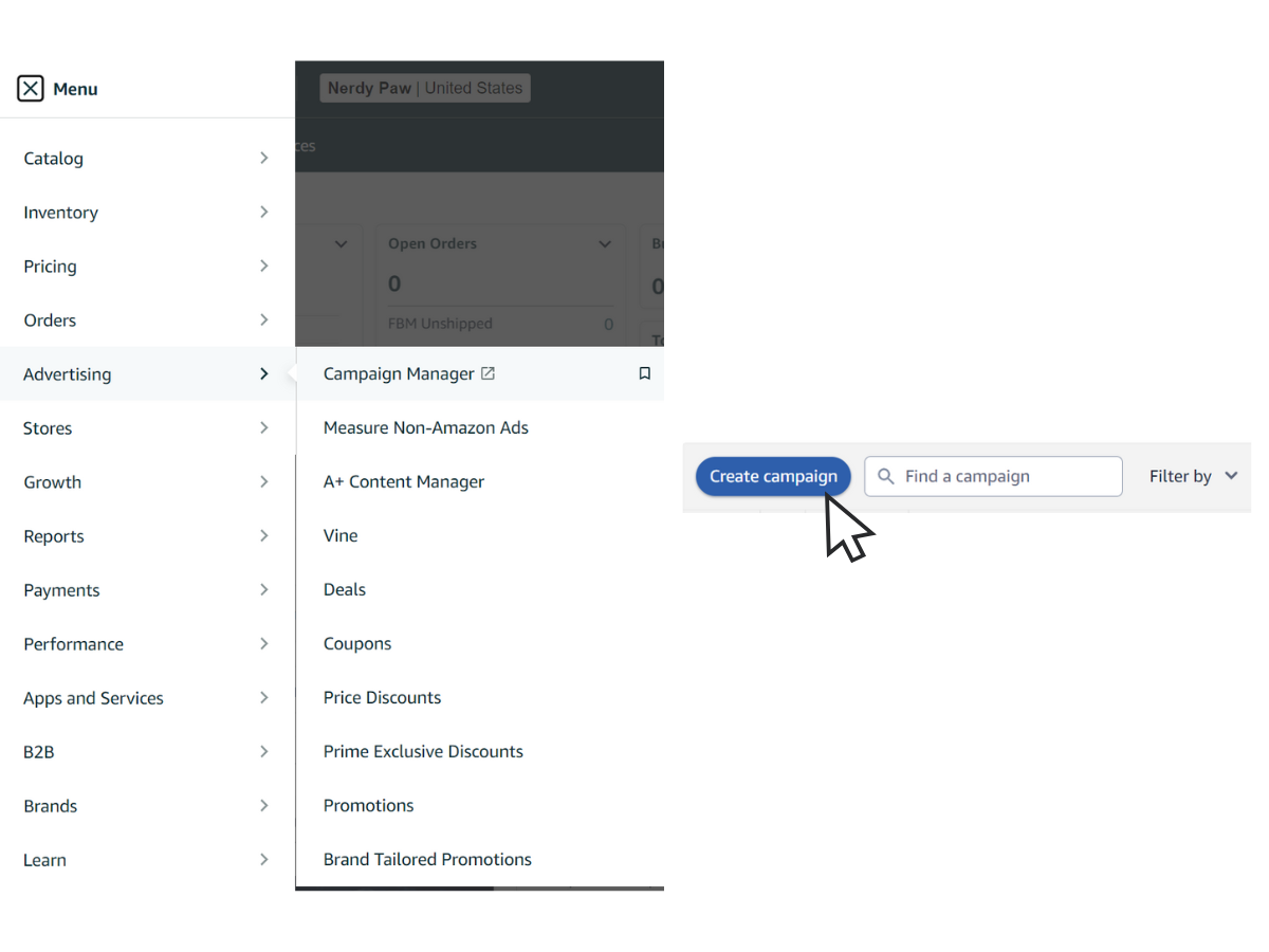 Screenshot showing Seller Central account, go to the “Advertising” tab, click “Campaign Manager,” and then “Create campaign.”