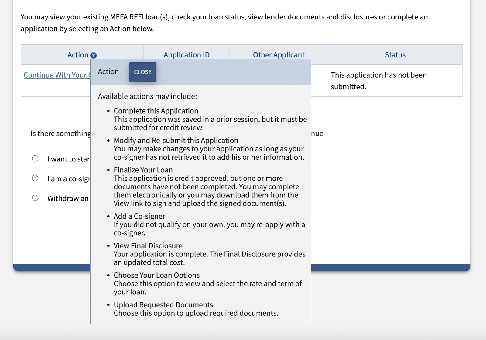 A screenshot showing how MEFA allows you to view loan status or complete applications online and from their home screen