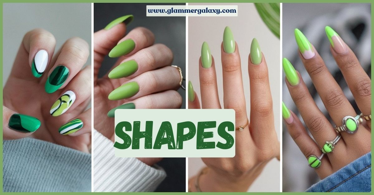 Various nail shapes with lime green polish, website link, and text “Nail Shapes.”