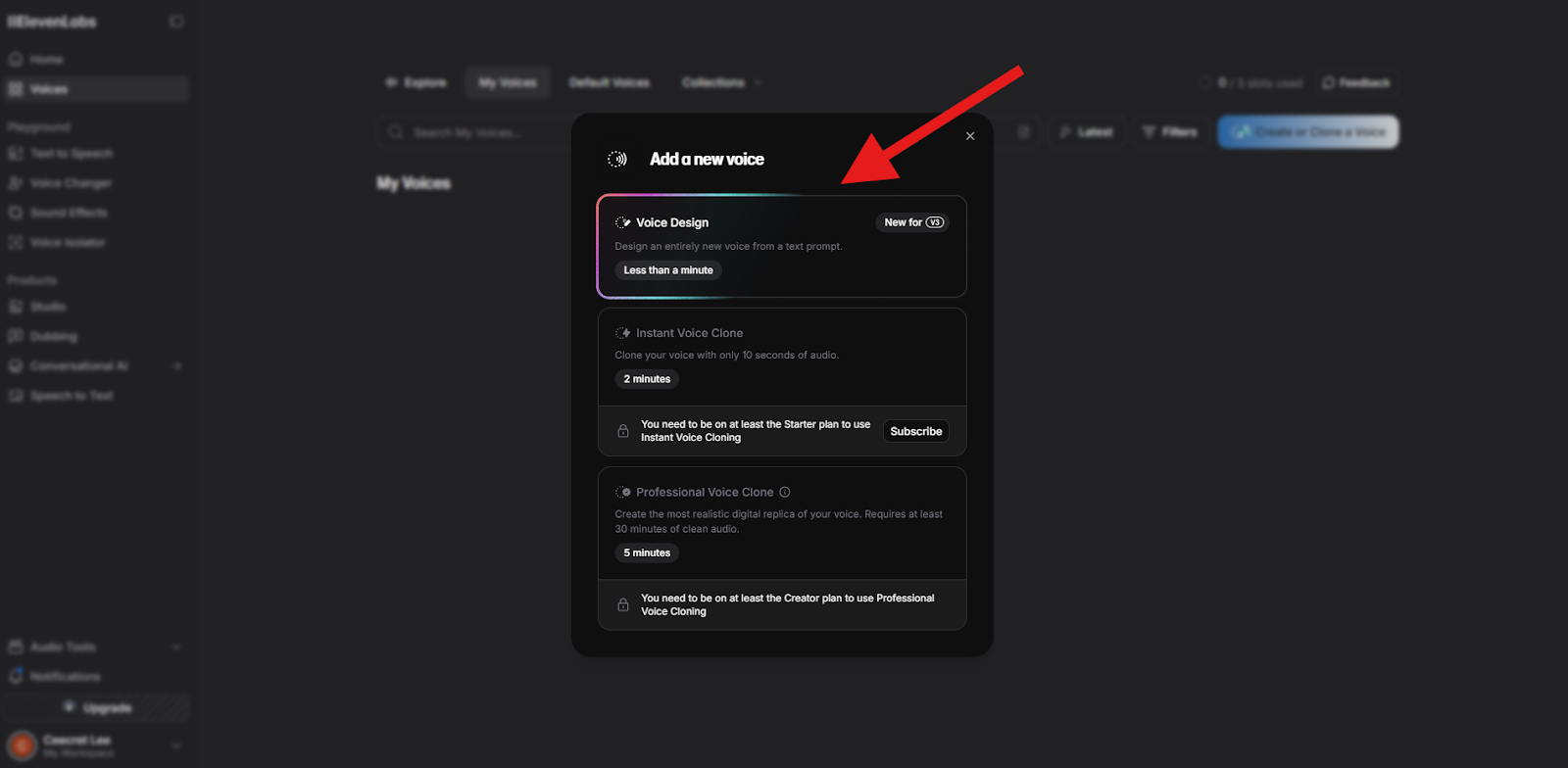 Screenshot of the ElevenLabs interface showing the "Add a new voice" popup with the "Voice Design" option highlighted by a red arrow.