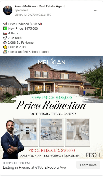 Facebook ads for lead generation real estate example: Price reduction ad