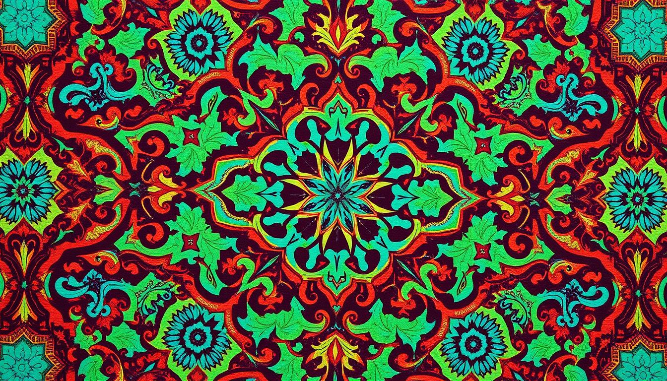 Detailed geometric patterns of classic Malaysian batik motifs adorn a vibrant silk textile. Intricate floral and paisley designs in a rich color palette of jewel-toned blues, greens, and reds create a mesmerizing, kaleidoscopic effect. Soft, diffused lighting casts dynamic shadows and highlights the textural quality of the hand-painted fabric. The composition is balanced, with the central motifs framed by a harmonious border. An air of traditional craftsmanship and cultural heritage permeates the scene, capturing the essence of Malaysia's iconic batik artistry.