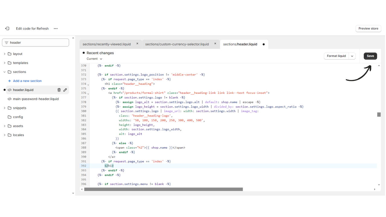 Saving the header.liquid file in Shopify