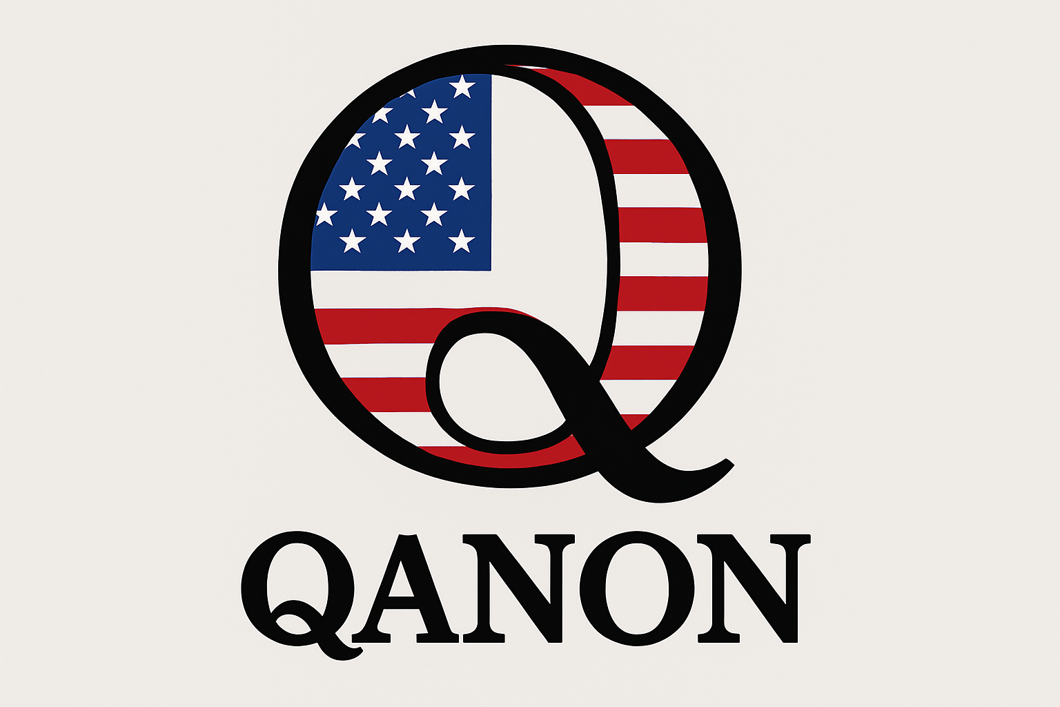 Graphic design featuring the letter ‘Q’ filled with a stylized U.S. flag pattern of stars and stripes, symbolizing QAnon, a political conspiracy movement, with the text ‘QANON’ beneath.