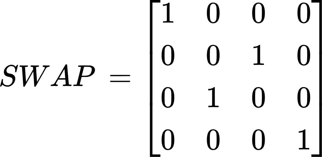 {"id":"39","type":"$$","code":"$$SWAP\\,=\\begin{bmatrix}\n{1}&{0}&{0}&{0}\\\\\n{0}&{0}&{1}&{0}\\\\\n{0}&{1}&{0}&{0}\\\\\n{0}&{0}&{0}&{1}\\\\\n\\end{bmatrix}$$","backgroundColorModified":false,"backgroundColor":"#ffffff","font":{"family":"Arial","size":11,"color":"#000000"},"aid":null,"ts":1732694362039,"cs":"aRHqpC4Q3iTzJMzrMq9i9g==","size":{"width":182,"height":88}}