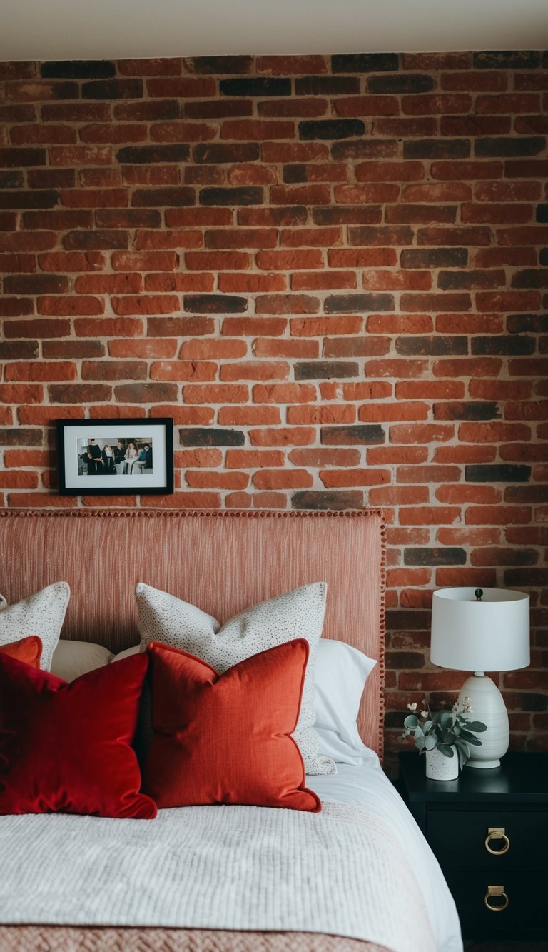 A cozy bedroom with a brick tone headboard and 25 red accents