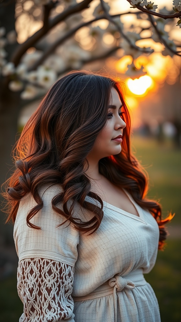 A woman with side-swept waves, standing among blossoming trees at sunset.