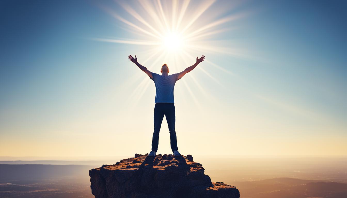 An image of a person standing on the edge of a cliff with their arms outstretched and their face turned towards the sun. The person is letting go of something heavy, represented by a weight or object at their feet, and as they release it, it disintegrates into dust or light. The surrounding landscape should be vast and open, with a beautiful sunset or sunrise in the distance. The overall mood should be one of empowerment, release and freedom.