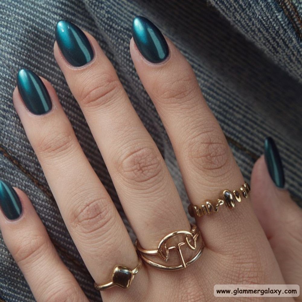 End of Summer Nails having Metallic Dark Blue Nail Art