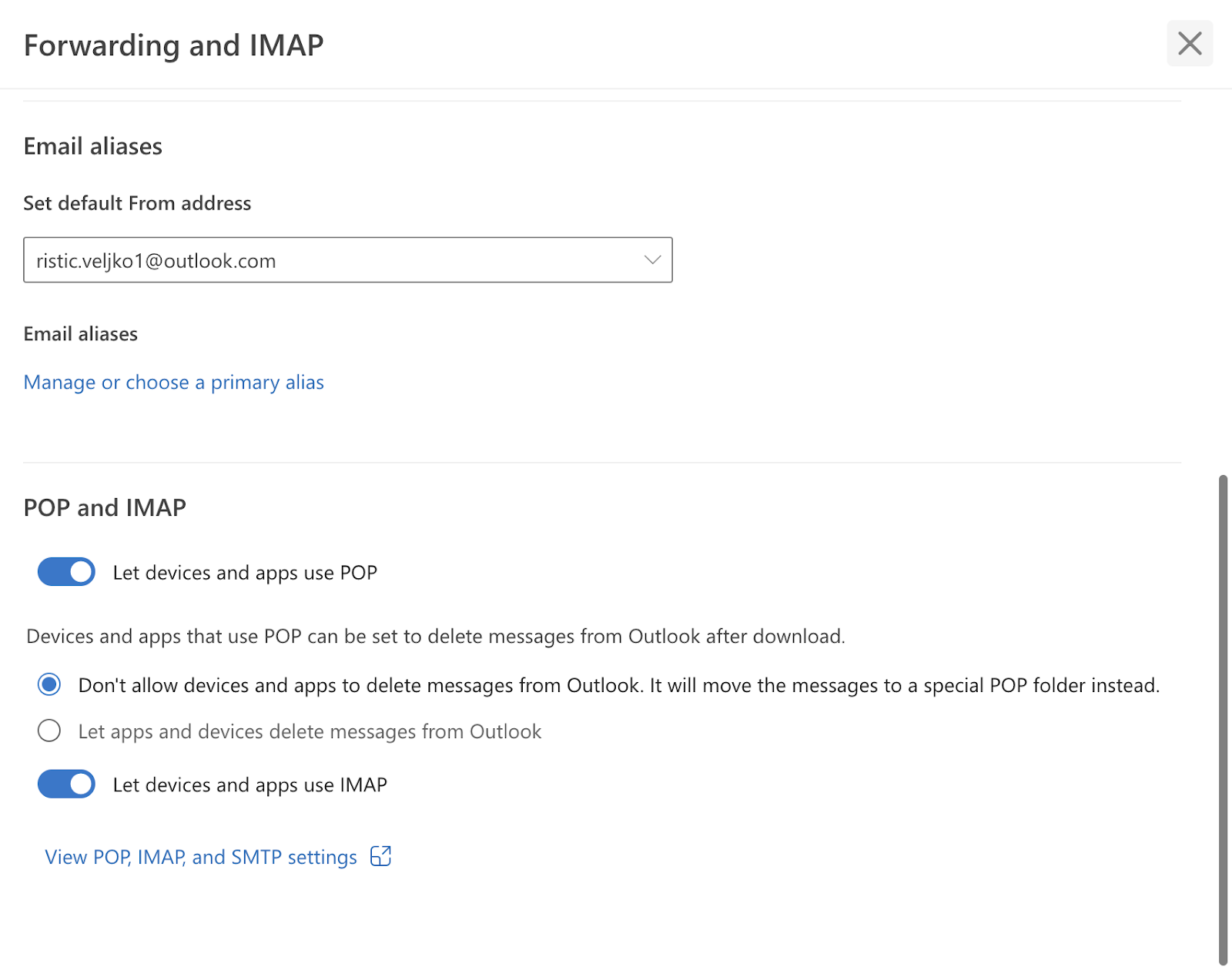 Outlook POP settings