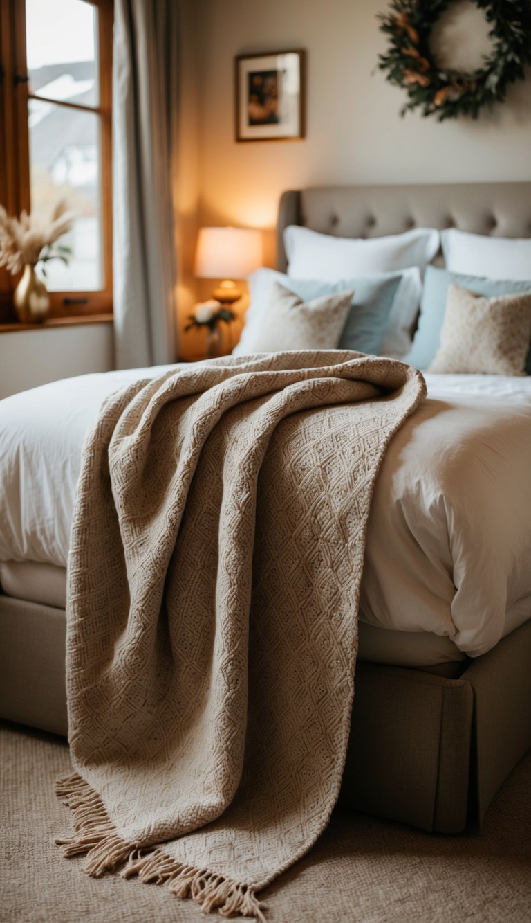 A cozy vintage throw blanket draped over a neatly made guest bed in a charming bedroom with warm lighting and decorative accents