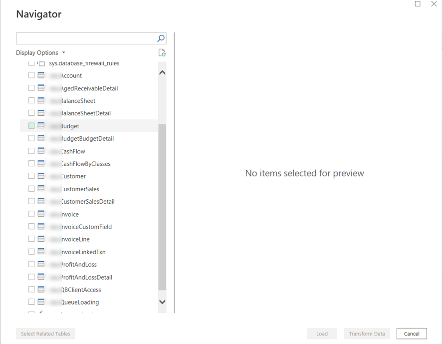 The list of tables inside Vidi Power BI Quickbooks Online Connector 