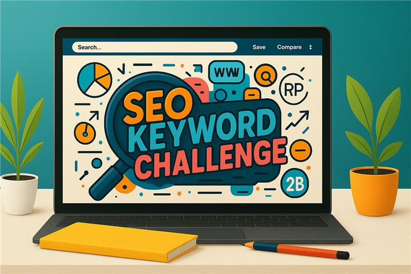 An illustration of a laptop displaying the SEO Keyword Challenge interface, surrounded by colorful icons representing keyword analysis tools like search volume graphs, target symbols, and idea bulbs.