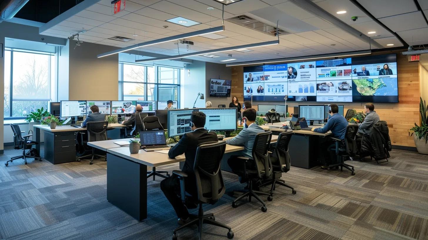a sleek, modern office setting bustling with professionals engaged in strategic discussions, surrounded by digital screens displaying advanced analytics and user-friendly ai marketing tools, all highlighting the importance of informed decision-making in outbound marketing strategies.