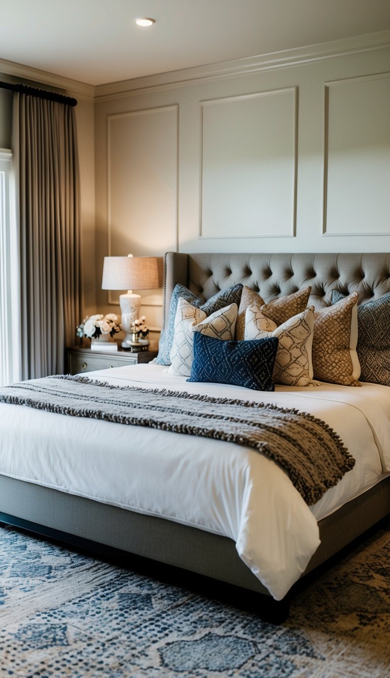 A cozy, luxurious master bedroom with a king-sized bed adorned with decorative pillows in various textures and patterns, creating a romantic and inviting atmosphere for couples